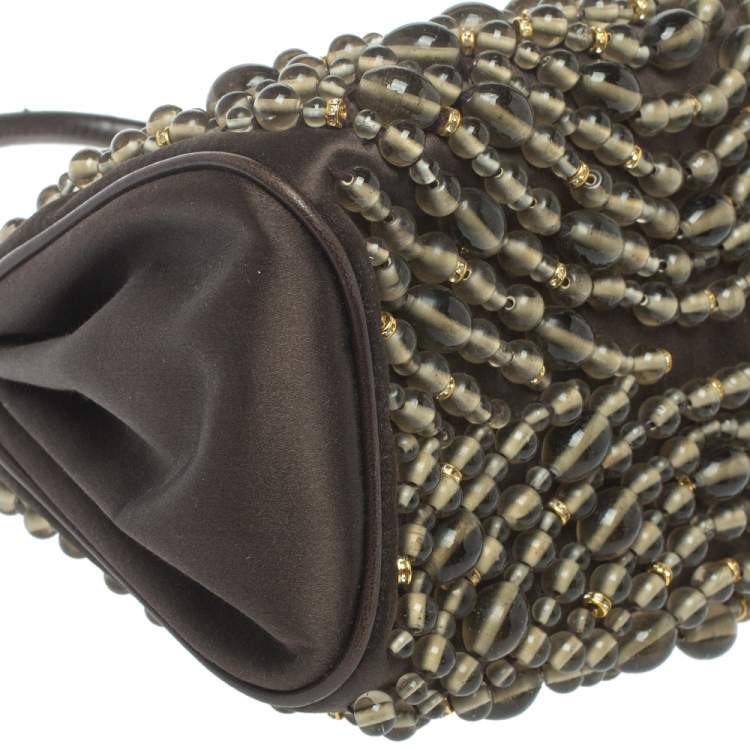 Pre Owned Chloe Dark Brown Beaded Satin Ring Handle Hobo