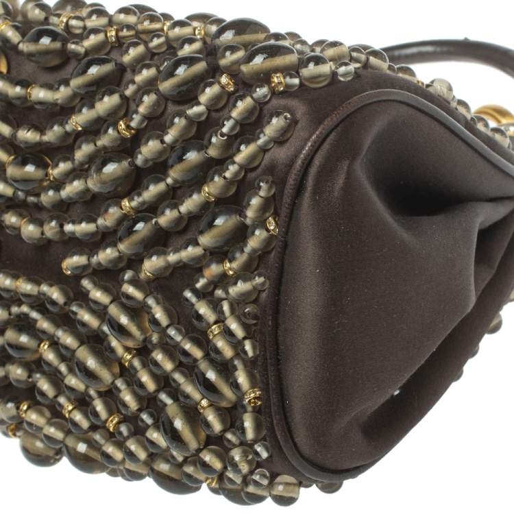 Pre Owned Chloe Dark Brown Beaded Satin Ring Handle Hobo