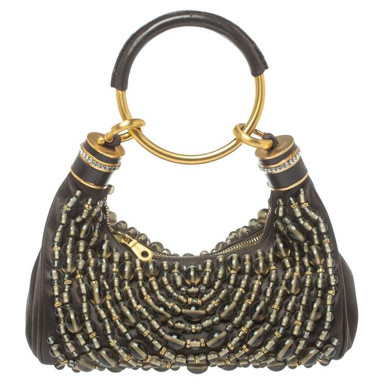Pre Owned Chloe Dark Brown Beaded Satin Ring Handle Hobo