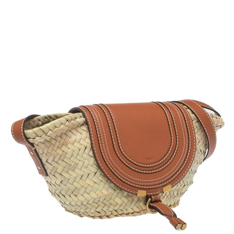 Pre Owned Chloe Beige/Tan Braided Raffia and Leather Small Marcie Basket Bag 