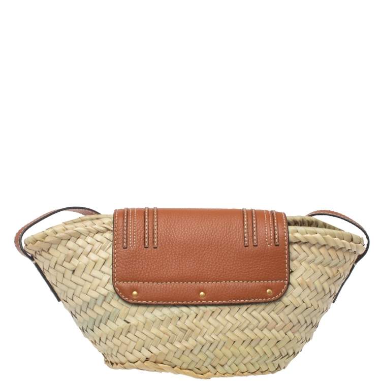 Pre Owned Chloe Beige/Tan Braided Raffia and Leather Small Marcie Basket Bag 