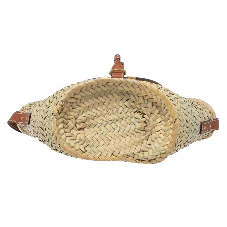 Pre Owned Chloe Beige/Tan Braided Raffia and Leather Small Marcie Basket Bag 