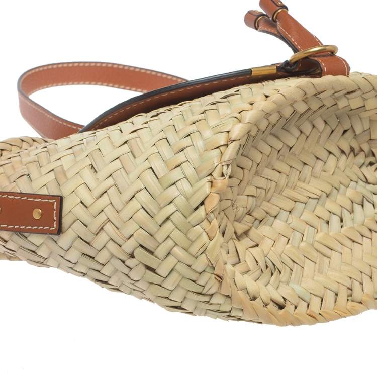 Pre Owned Chloe Beige/Tan Braided Raffia and Leather Small Marcie Basket Bag 