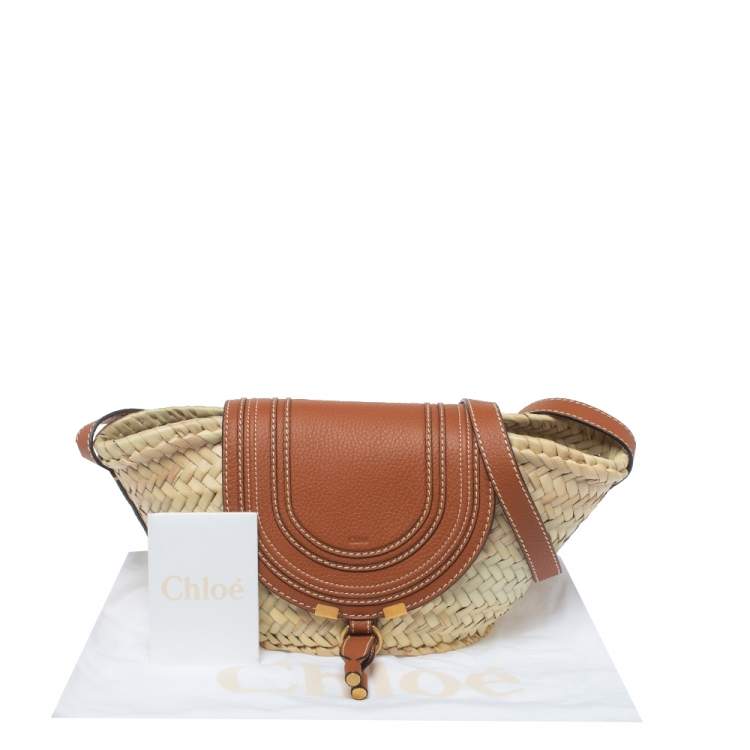 Pre Owned Chloe Beige/Tan Braided Raffia and Leather Small Marcie Basket Bag 