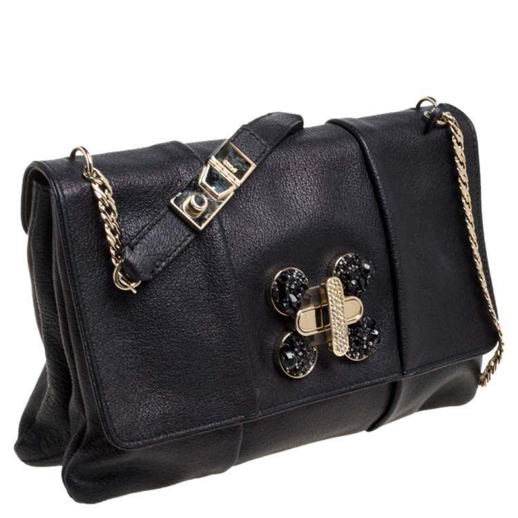 Pre Owned Chloe Black Crystal Embellished Leather Flap Shoulder Bag