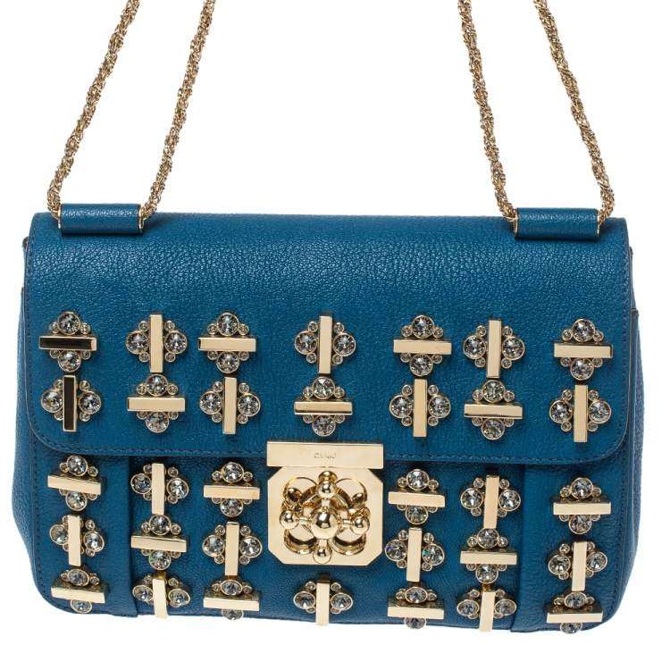 Pre Owned Chloe Blue Leather Medium Crystal Embellished Elsie Shoulder Bag