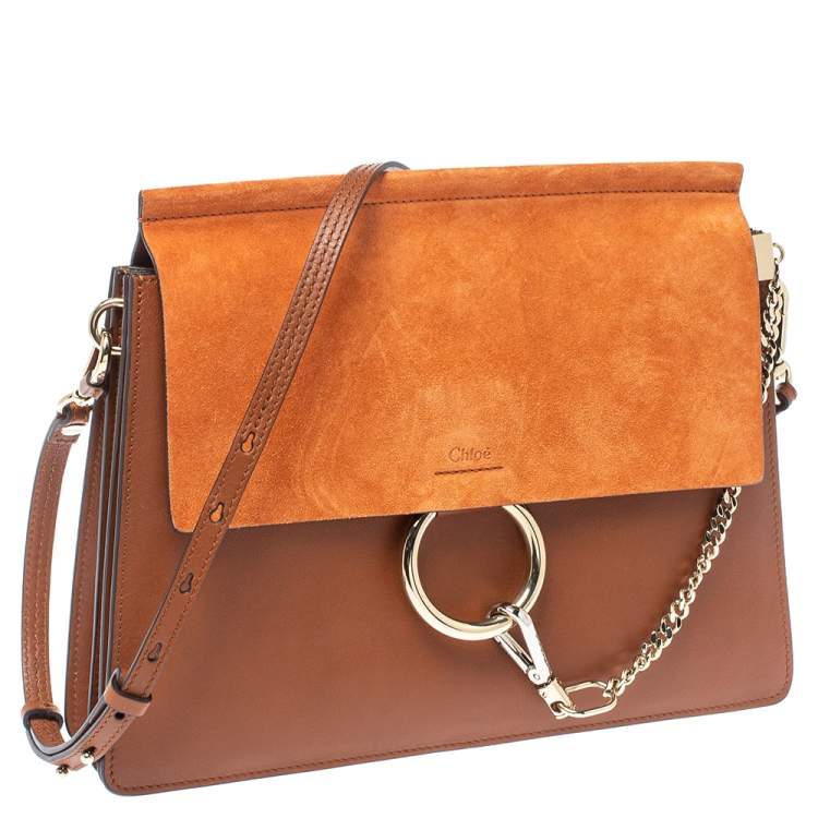 Pre Owned Chloe Brown/Orange Leather ad Suede Faye Medium Shoulder Bag 