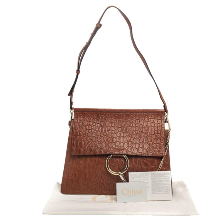 Pre Owned Chloe Brown Croc Embossed Leather Medium Faye Shoulder Bag