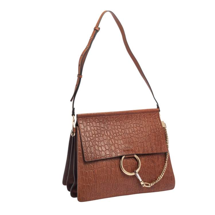 Pre Owned Chloe Brown Croc Embossed Leather Medium Faye Shoulder Bag