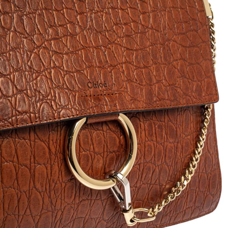 Pre Owned Chloe Brown Croc Embossed Leather Medium Faye Shoulder Bag