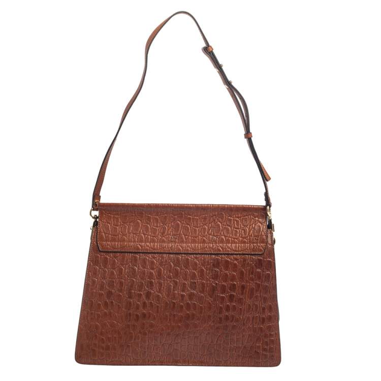 Pre Owned Chloe Brown Croc Embossed Leather Medium Faye Shoulder Bag