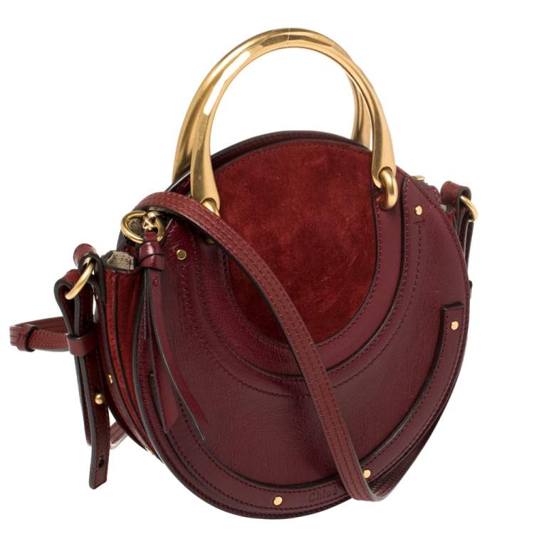 Pre Owned Chloe Maroon Leather and Suede Small Pixie Round Crossbody Bag