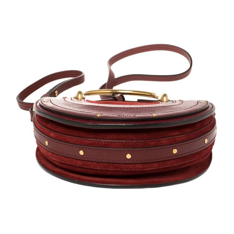Pre Owned Chloe Maroon Leather and Suede Small Pixie Round Crossbody Bag
