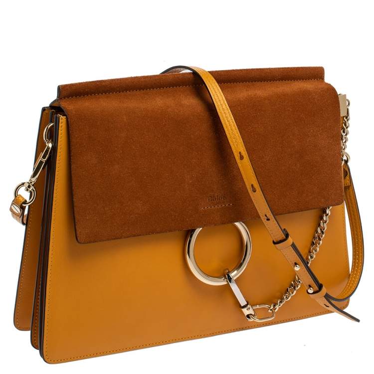 Pre Owned Chloe Yellow/Brown Leather and Suede Medium Faye Shoulder Bag