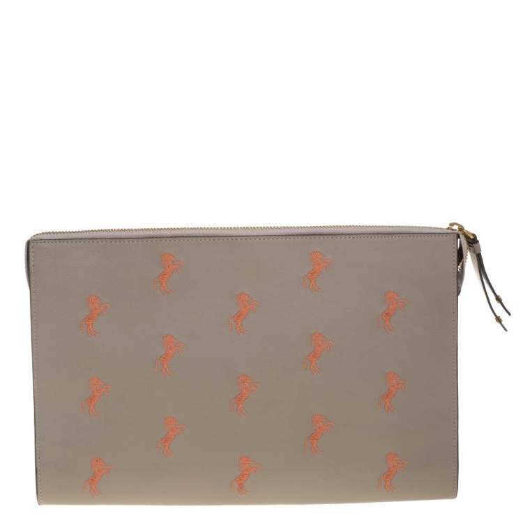Pre Owned Chloe Beige Leather Little Horses Embroidered Zip Pouch