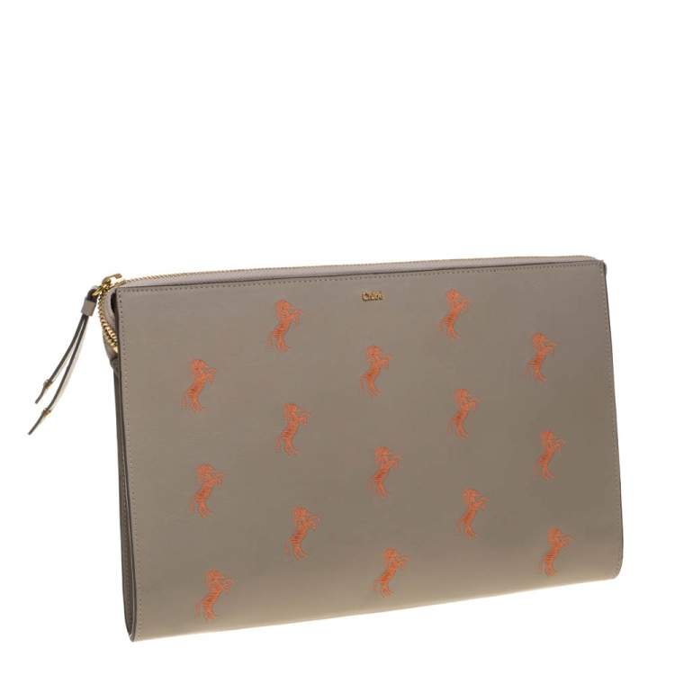 Pre Owned Chloe Beige Leather Little Horses Embroidered Zip Pouch