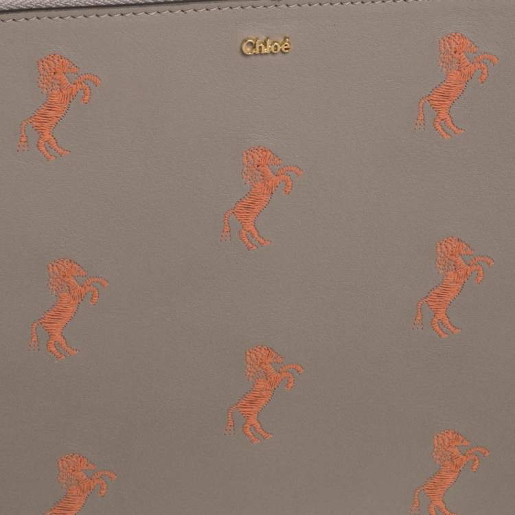 Pre Owned Chloe Beige Leather Little Horses Embroidered Zip Pouch