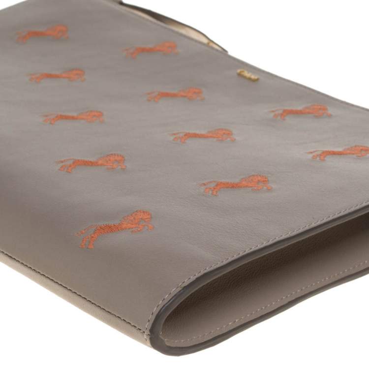 Pre Owned Chloe Beige Leather Little Horses Embroidered Zip Pouch