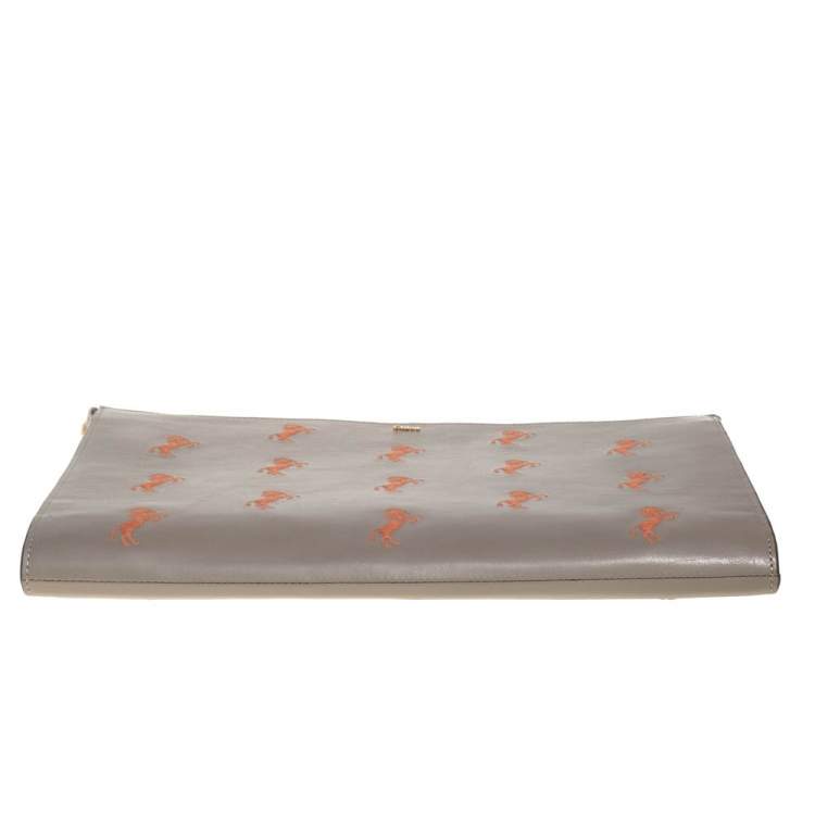Pre Owned Chloe Beige Leather Little Horses Embroidered Zip Pouch