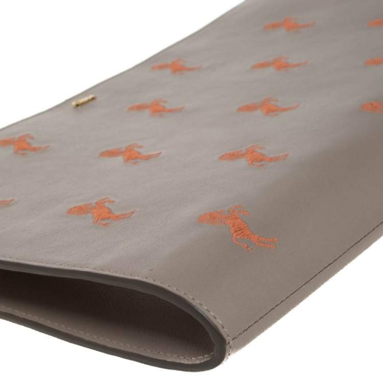 Pre Owned Chloe Beige Leather Little Horses Embroidered Zip Pouch