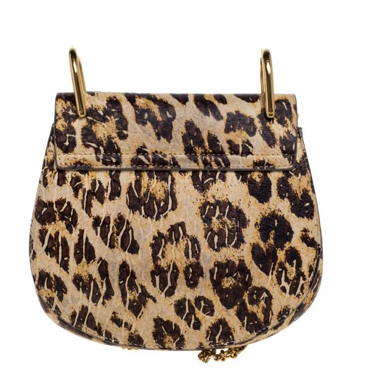 Pre Owned Chloe Brown/Beige Leopard Print Leather Mini Drew Shoulder Bag