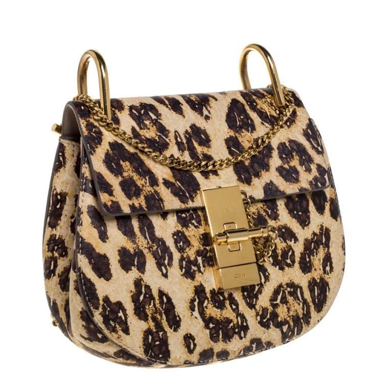 Pre Owned Chloe Brown/Beige Leopard Print Leather Mini Drew Shoulder Bag