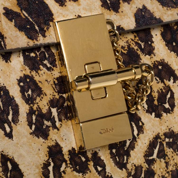 Pre Owned Chloe Brown/Beige Leopard Print Leather Mini Drew Shoulder Bag