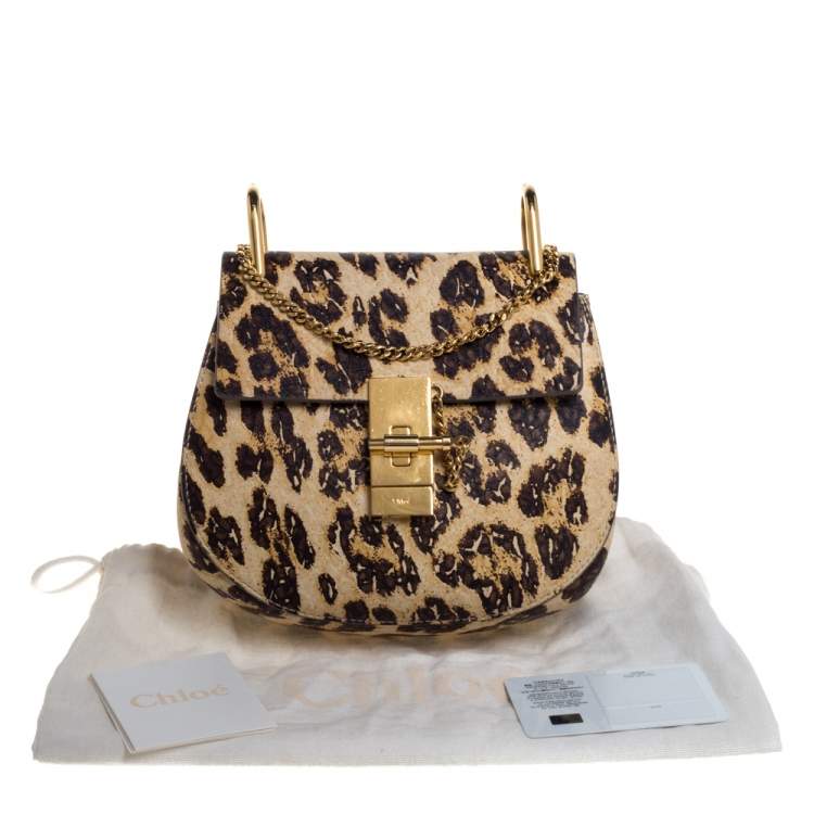 Pre Owned Chloe Brown/Beige Leopard Print Leather Mini Drew Shoulder Bag