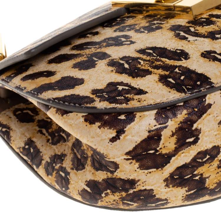 Pre Owned Chloe Brown/Beige Leopard Print Leather Mini Drew Shoulder Bag