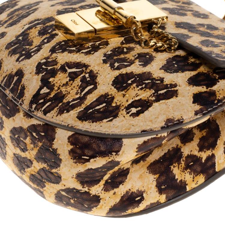 Pre Owned Chloe Brown/Beige Leopard Print Leather Mini Drew Shoulder Bag