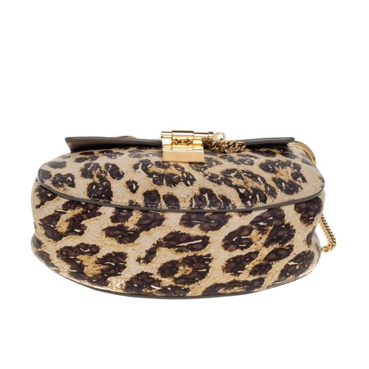 Pre Owned Chloe Brown/Beige Leopard Print Leather Mini Drew Shoulder Bag