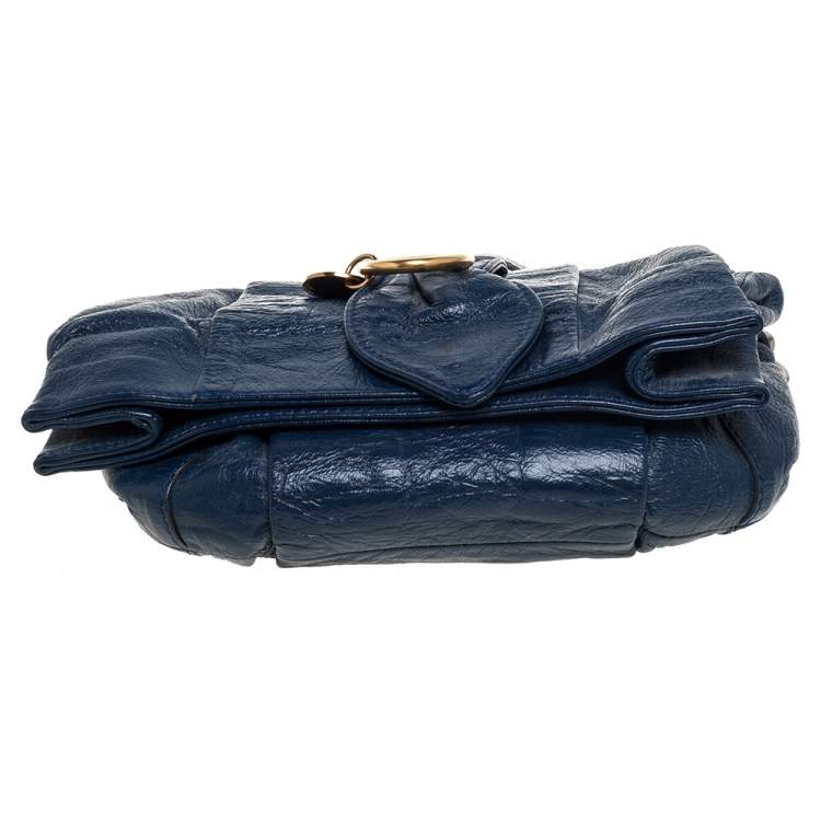 Pre Owned Chloe Navy Blue Glazed Leather Buckle Bow Fold Over Clutch Bag
