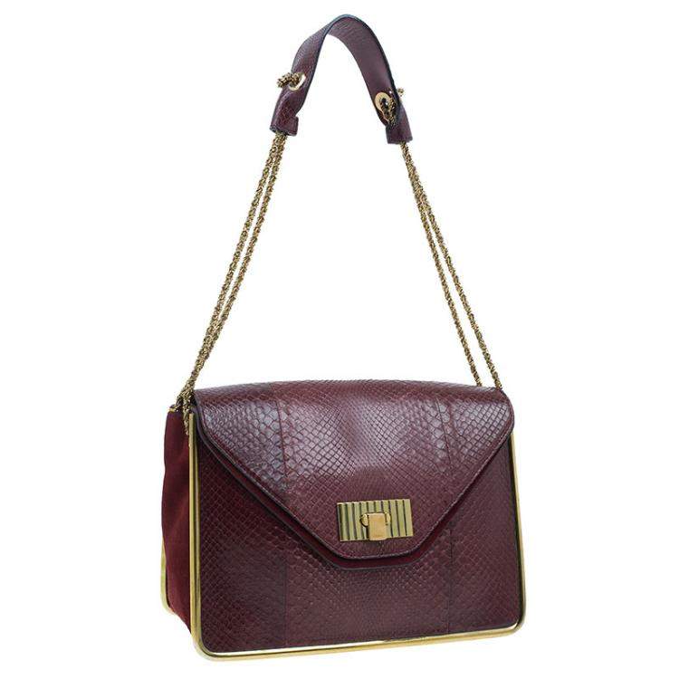 Pre Owned Chloe Burgundy Python Medium Sally Shoulder Bag