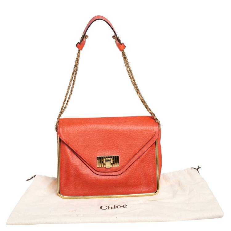 Pre Owned Chloe Orange Pebbled Leather Medium Sally Flap Shoulder Bag