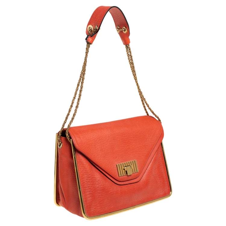 Pre Owned Chloe Orange Pebbled Leather Medium Sally Flap Shoulder Bag