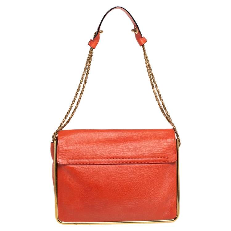 Pre Owned Chloe Orange Pebbled Leather Medium Sally Flap Shoulder Bag
