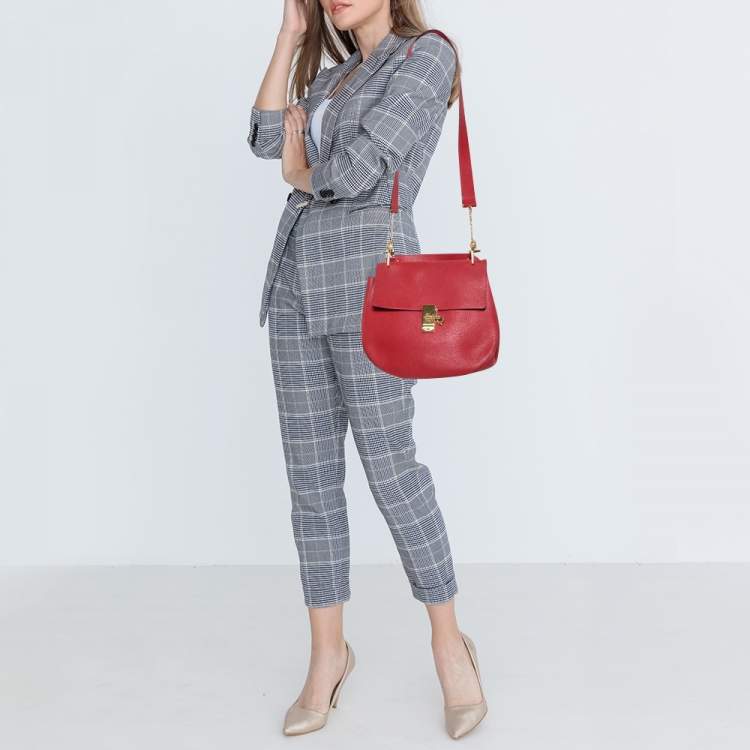 Pre Owned Chloe Red Grained Leather Large Drew Shoulder Bag