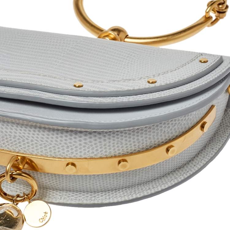 Pre Owned Chloé Grey Lizard Embossed Leather Small Nile Bracelet Minaudiere Crossbody Bag