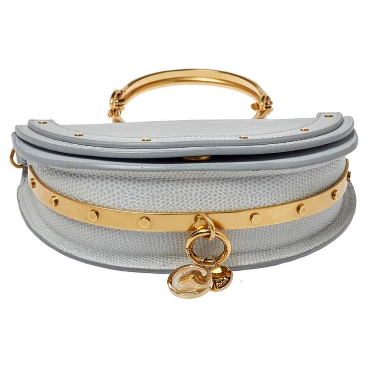 Pre Owned Chloé Grey Lizard Embossed Leather Small Nile Bracelet Minaudiere Crossbody Bag