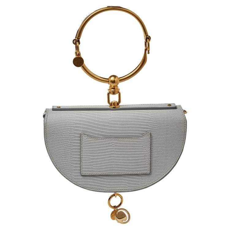 Pre Owned Chloé Grey Lizard Embossed Leather Small Nile Bracelet Minaudiere Crossbody Bag