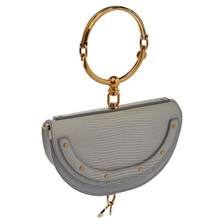 Pre Owned Chloé Grey Lizard Embossed Leather Small Nile Bracelet Minaudiere Crossbody Bag