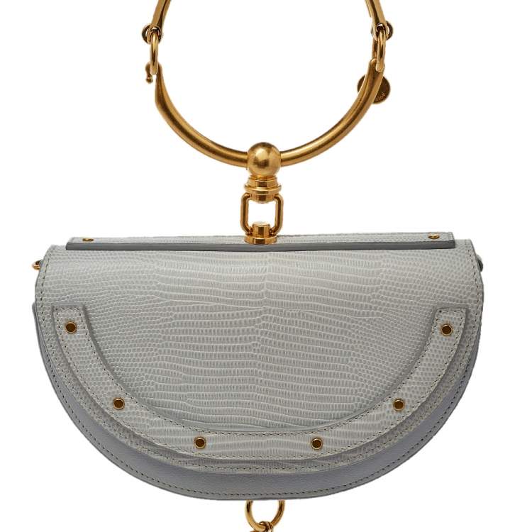 Pre Owned Chloé Grey Lizard Embossed Leather Small Nile Bracelet Minaudiere Crossbody Bag