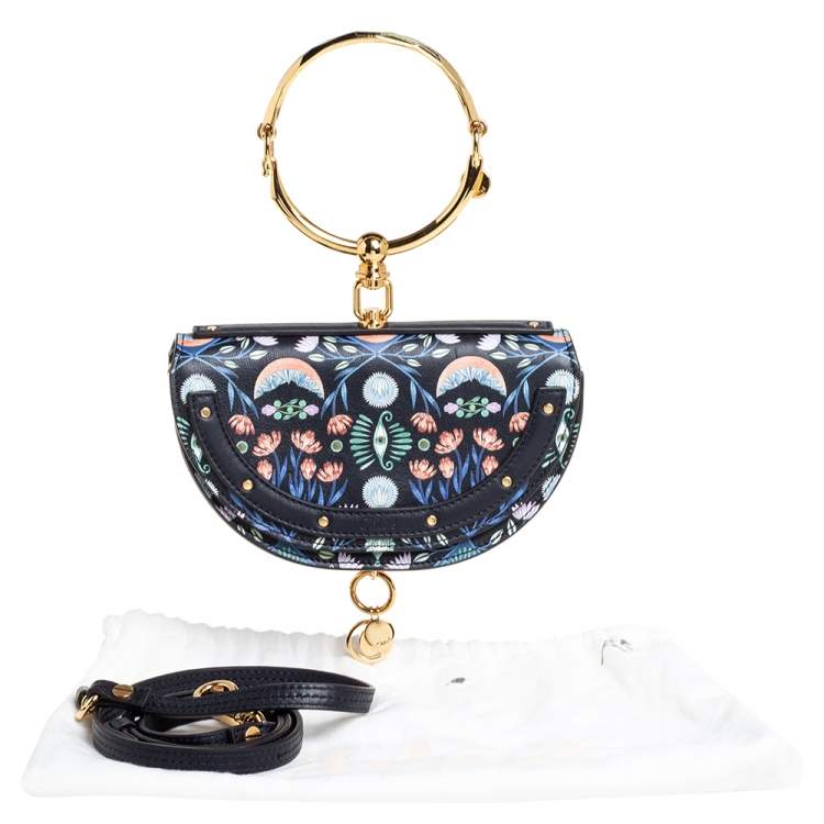 Pre Owned Chloe Black Floral Print Leather Small Nile Bracelet Minaudiere Crossbody Bag