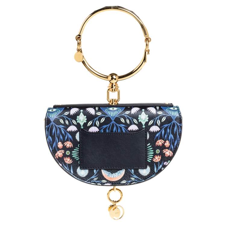 Pre Owned Chloe Black Floral Print Leather Small Nile Bracelet Minaudiere Crossbody Bag
