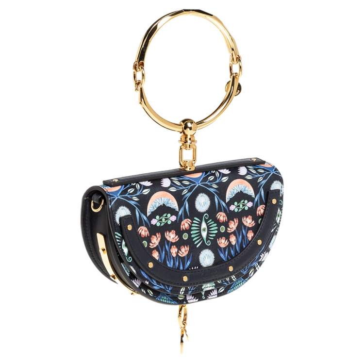Pre Owned Chloe Black Floral Print Leather Small Nile Bracelet Minaudiere Crossbody Bag