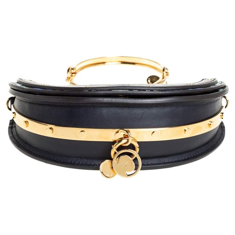 Pre Owned Chloe Black Floral Print Leather Small Nile Bracelet Minaudiere Crossbody Bag
