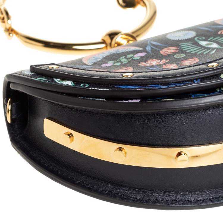 Pre Owned Chloe Black Floral Print Leather Small Nile Bracelet Minaudiere Crossbody Bag