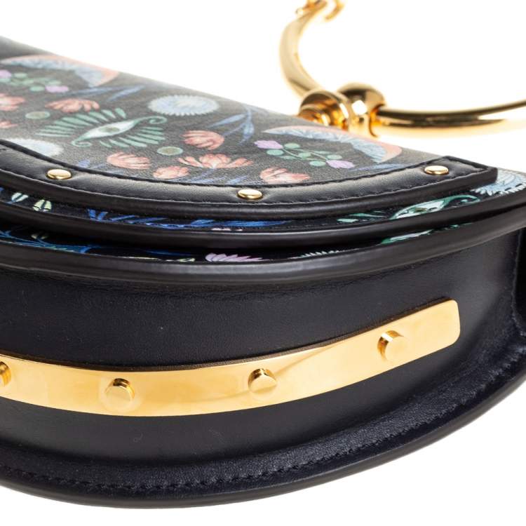 Pre Owned Chloe Black Floral Print Leather Small Nile Bracelet Minaudiere Crossbody Bag