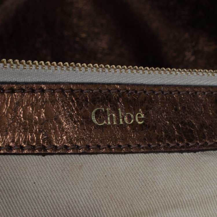 Pre Owned Chloe Metallic Bronze Parallel Line Detail Leather Logo Tote 