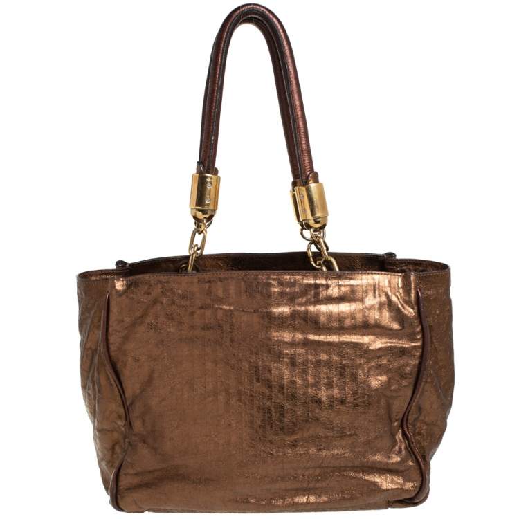 Pre Owned Chloe Metallic Bronze Parallel Line Detail Leather Logo Tote 